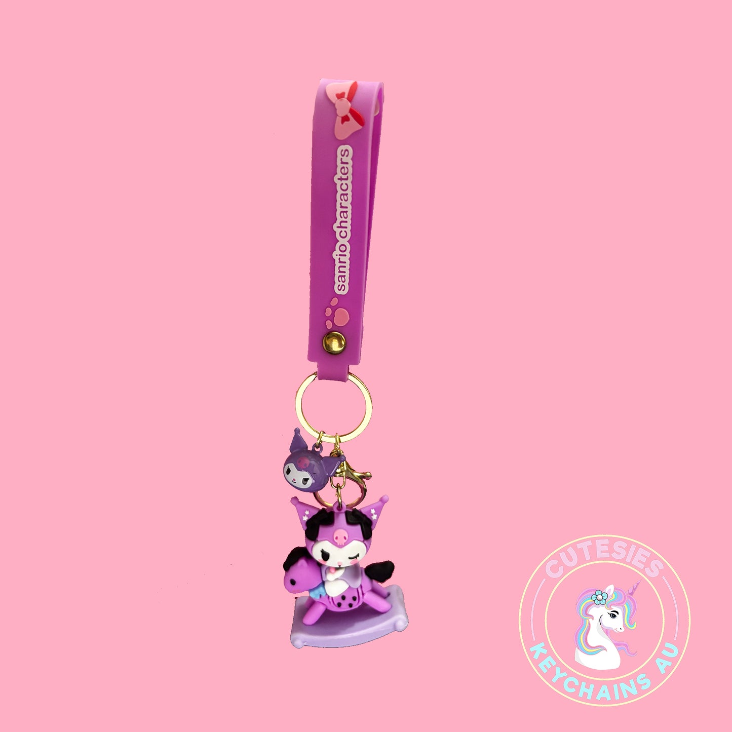Cute Baby Kuromi on rocking horse keychain, pastel keychain, cute Kawaii keychain