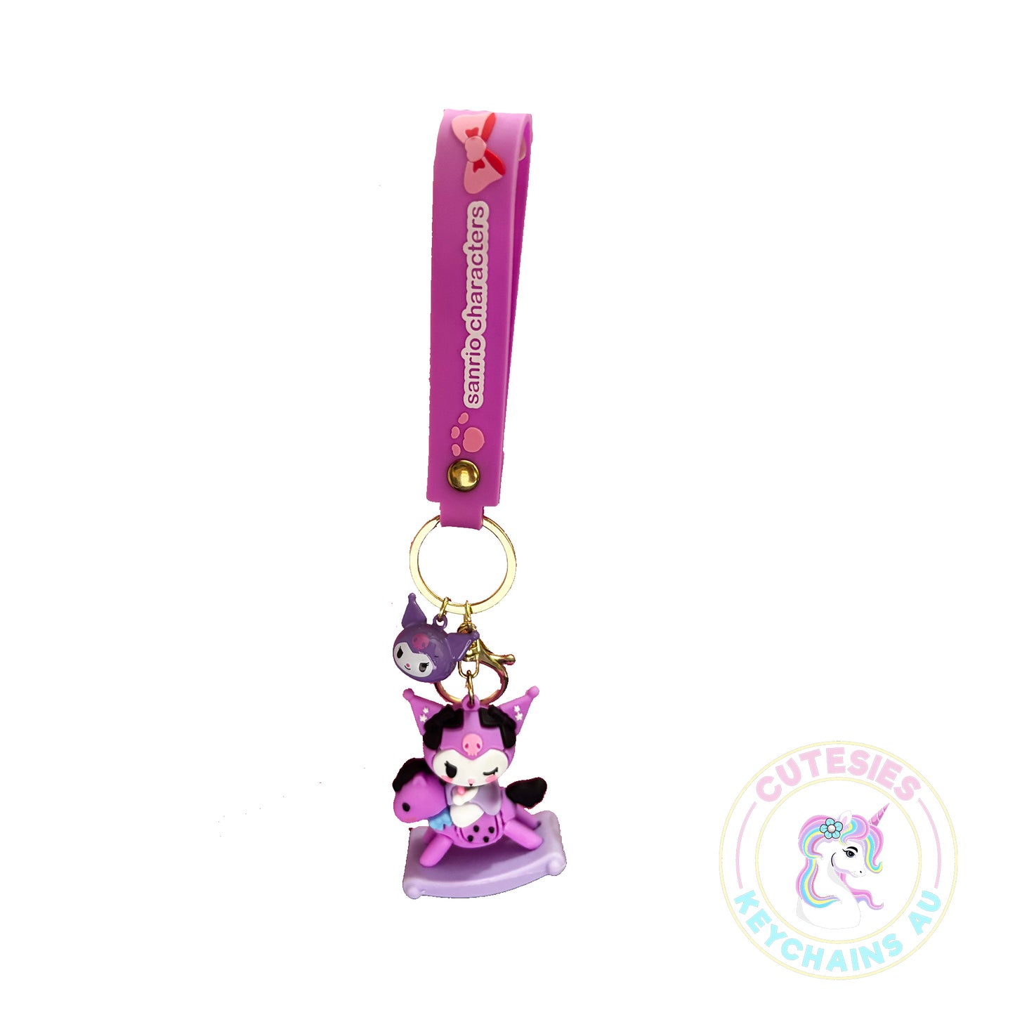 Cute Baby Kuromi on rocking horse keychain, pastel keychain, cute Kawaii keychain