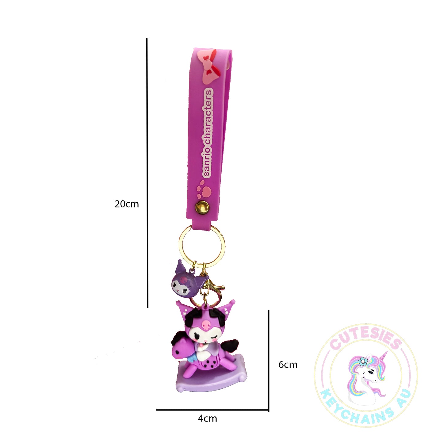 Cute Baby Kuromi on rocking horse keychain, pastel keychain, cute Kawaii keychain
