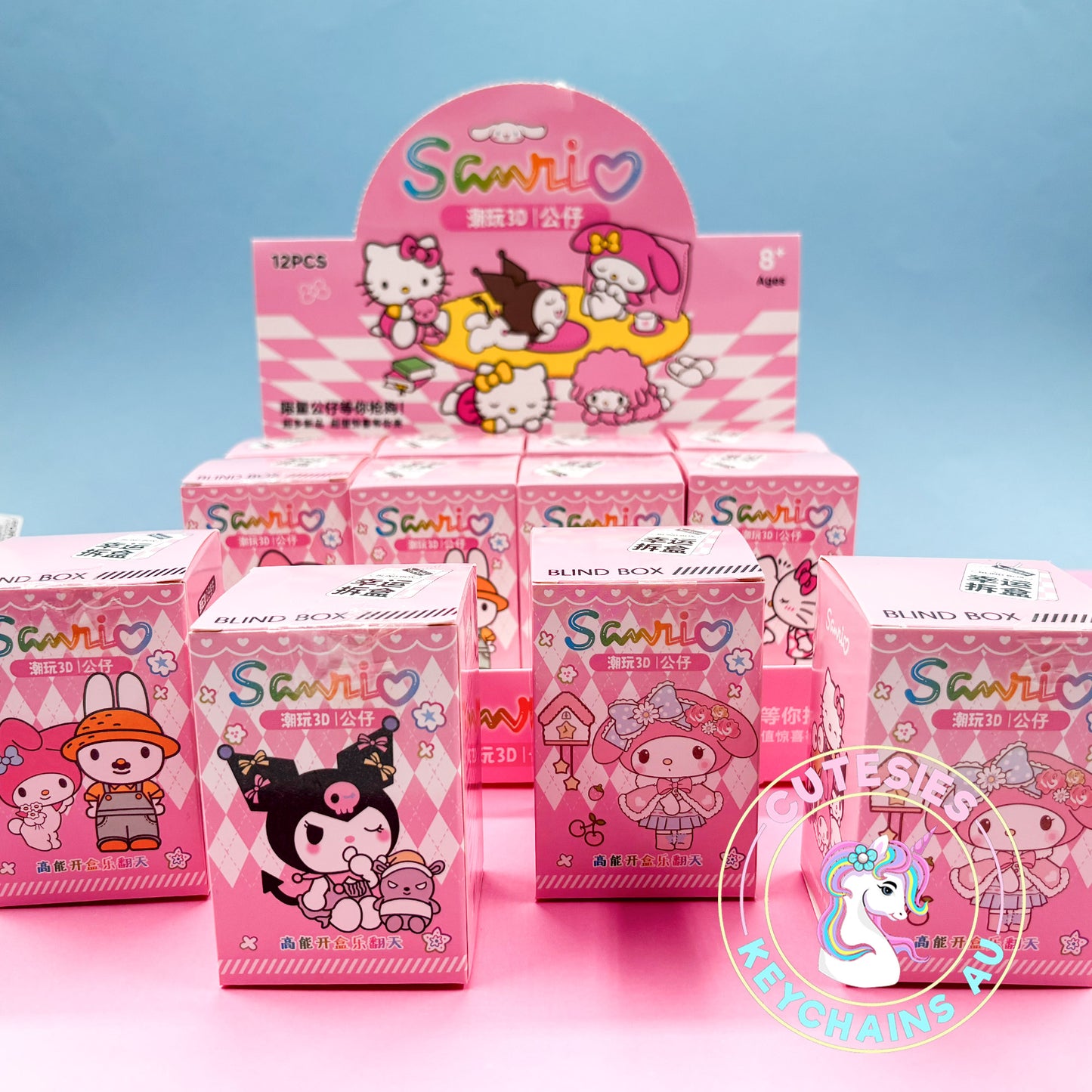 Cute Blind Box Keychains - Sanrio blind boxes, Sanrio keyrings, Sanrio mystery box, kawaii keychains, Hello Kitty blind box, Cinnamoroll keyring, Kuromi keychain, My Melody surprise box, cute Sanrio collectibles, pink Sanrio gifts, kawaii surprise box.