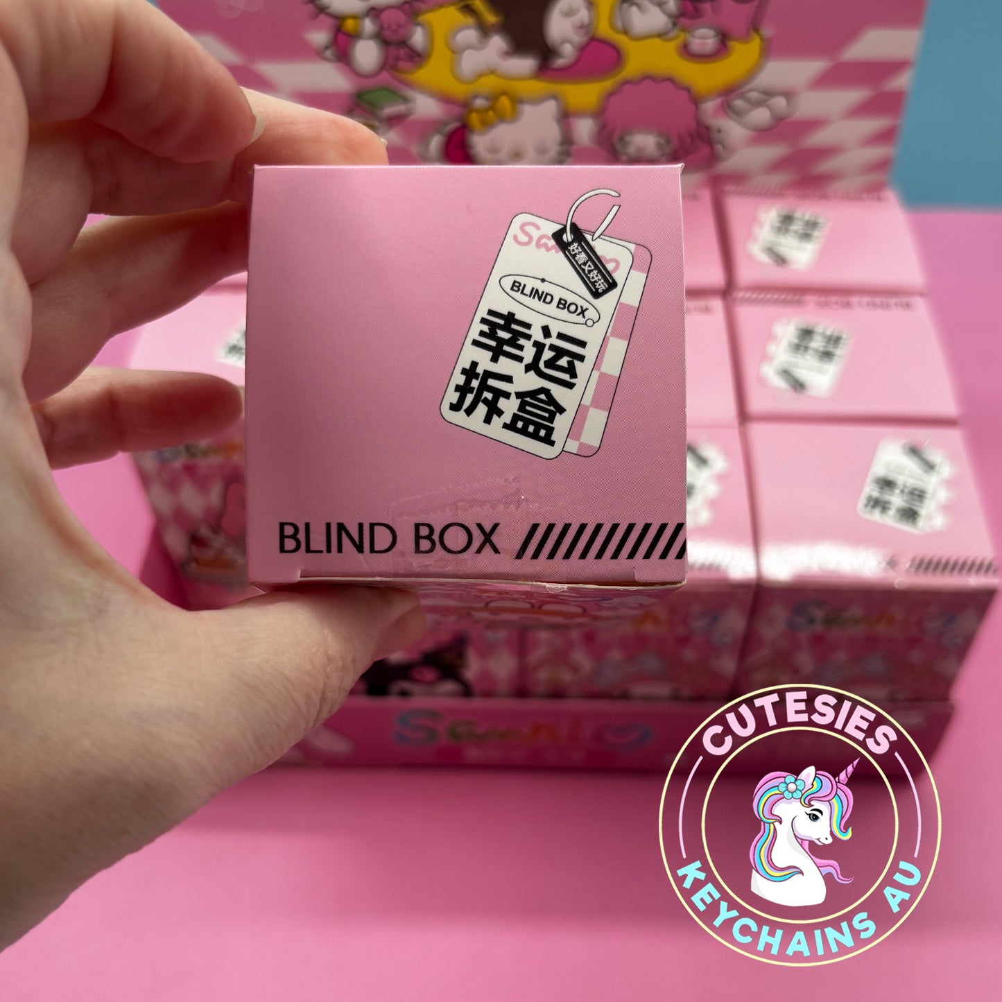 Cute Blind Box Keychains - Sanrio blind boxes, Sanrio keyrings, Sanrio mystery box, kawaii keychains, Hello Kitty blind box, Cinnamoroll keyring, Kuromi keychain, My Melody surprise box, cute Sanrio collectibles, pink Sanrio gifts, kawaii surprise box.