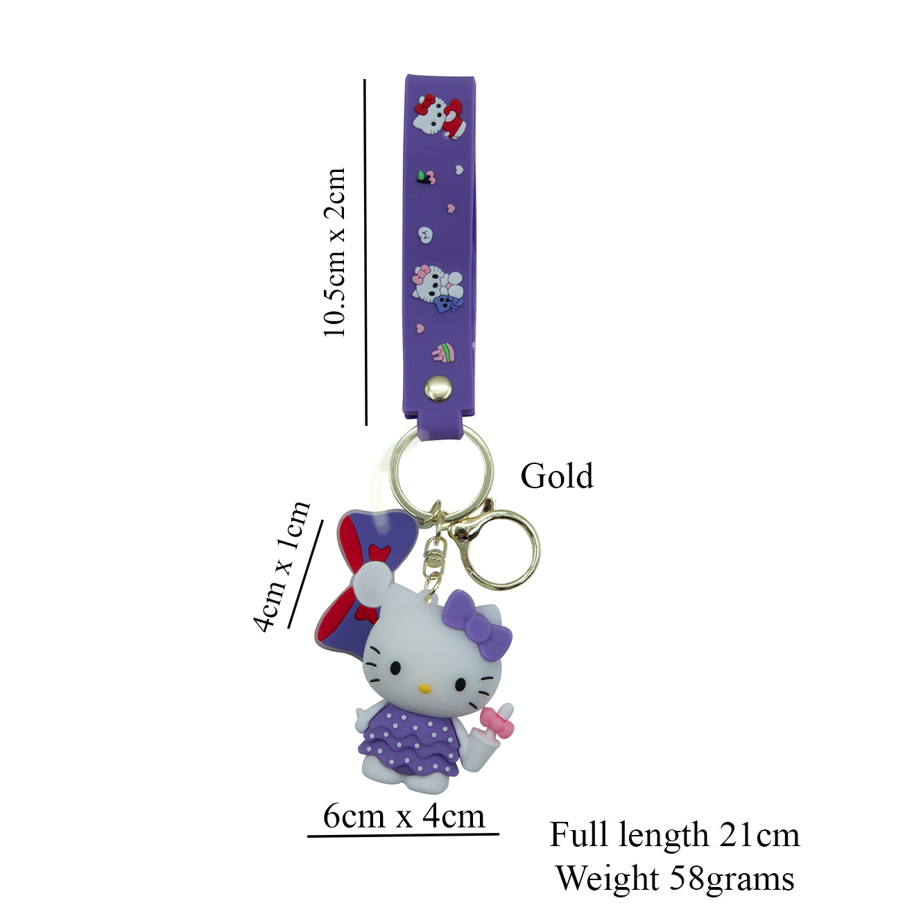 Cute white kitty wearing a purple outfit and a bow pendant with matching wristlet