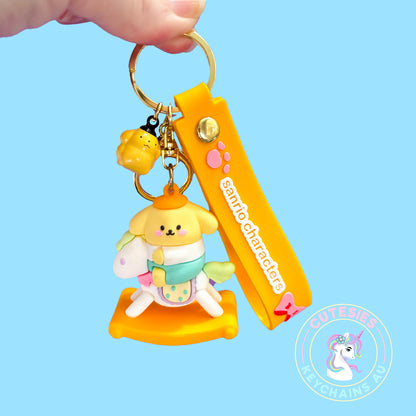 Cute Baby pompom dog on rocking horse keychain, pastel keychain, cute Kawaii keychain