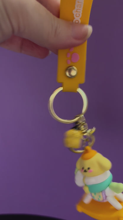 Cute Baby pompom dog on rocking horse keychain, pastel keychain, cute Kawaii keychain